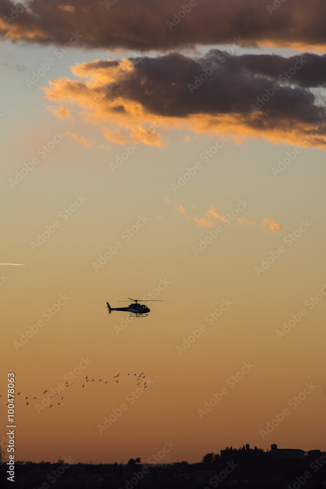 Helicopter is flying in the sunset
