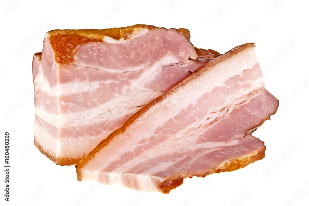 Bacon and sliced bacon on a white background Bacon and sliced bacon on a white background