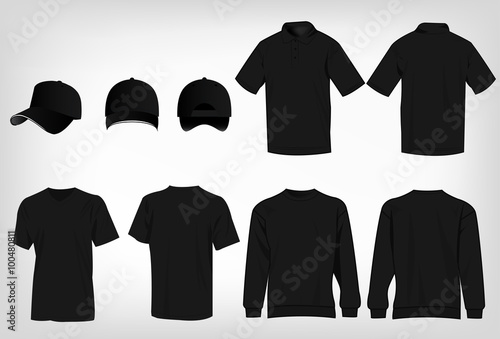 Sport black t-shirt, sweater, polo shirt and baseball cap isolated set vector