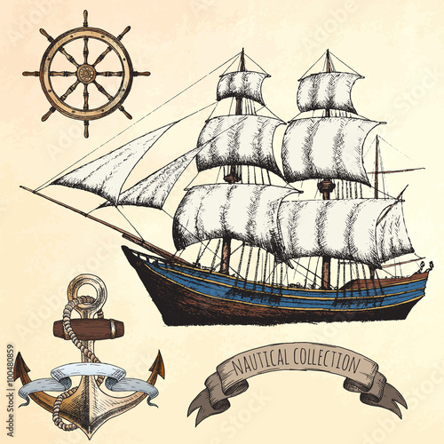 Vintage ship. Items on the marine theme.