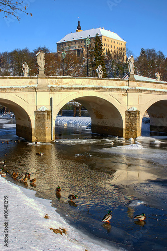 Namest nad Oslavou/ Namest nad Oslavou - winter view to castle and historical bridge - Czech republic  photo