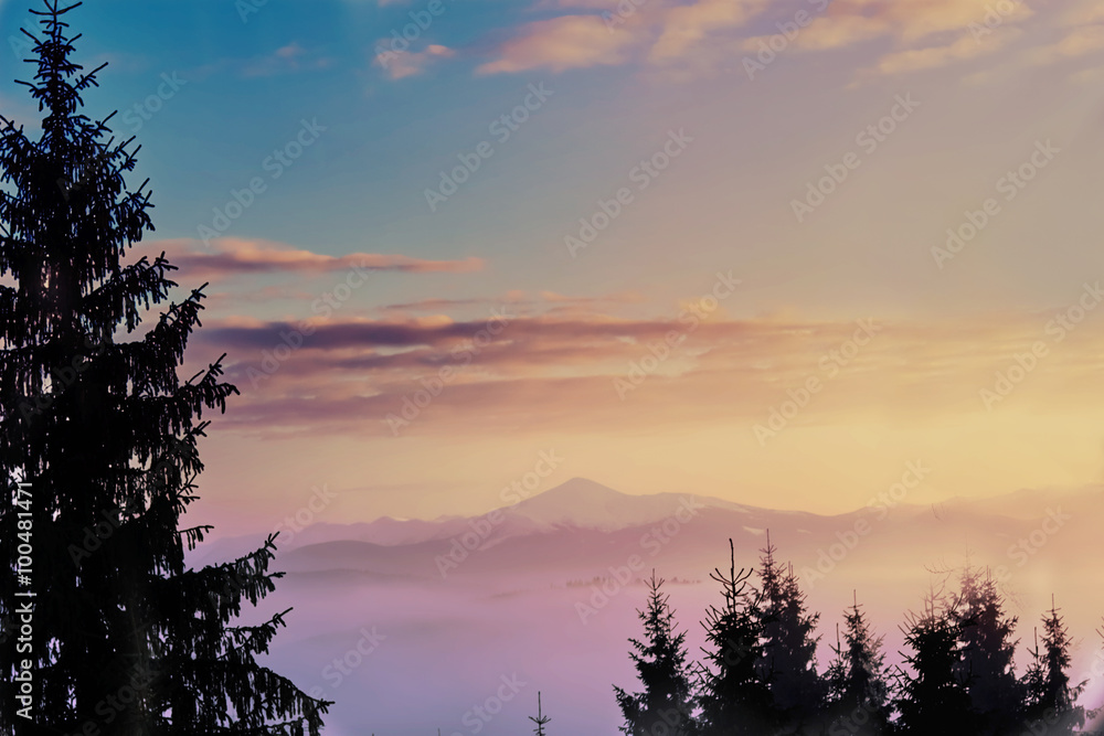 Winter scene with sunset in mountains Winter scene with sunset in mountains