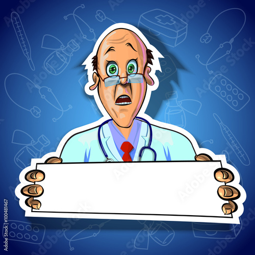 Vector image of astonished doctor with blank poster