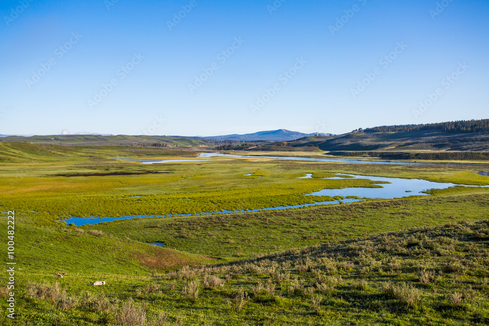 The Yellowstone River meanders through the beautiful Heyden Valley between Yellowstone Lake and the Upper Falls of the Yellowstone 