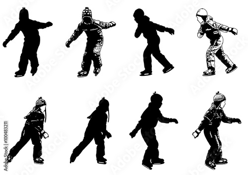 ice skating kids silhouettes - vector