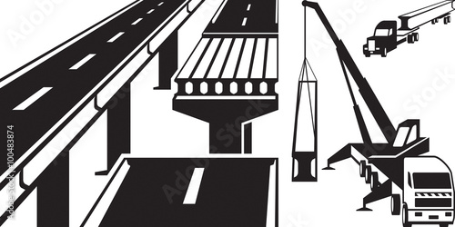 Crane mounting concrete beam bridge - vector illustration
