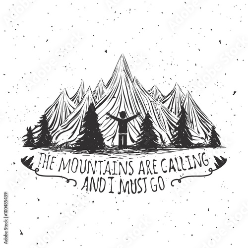 Wilderness quote typography poster with man silhouette, mountains and forest.