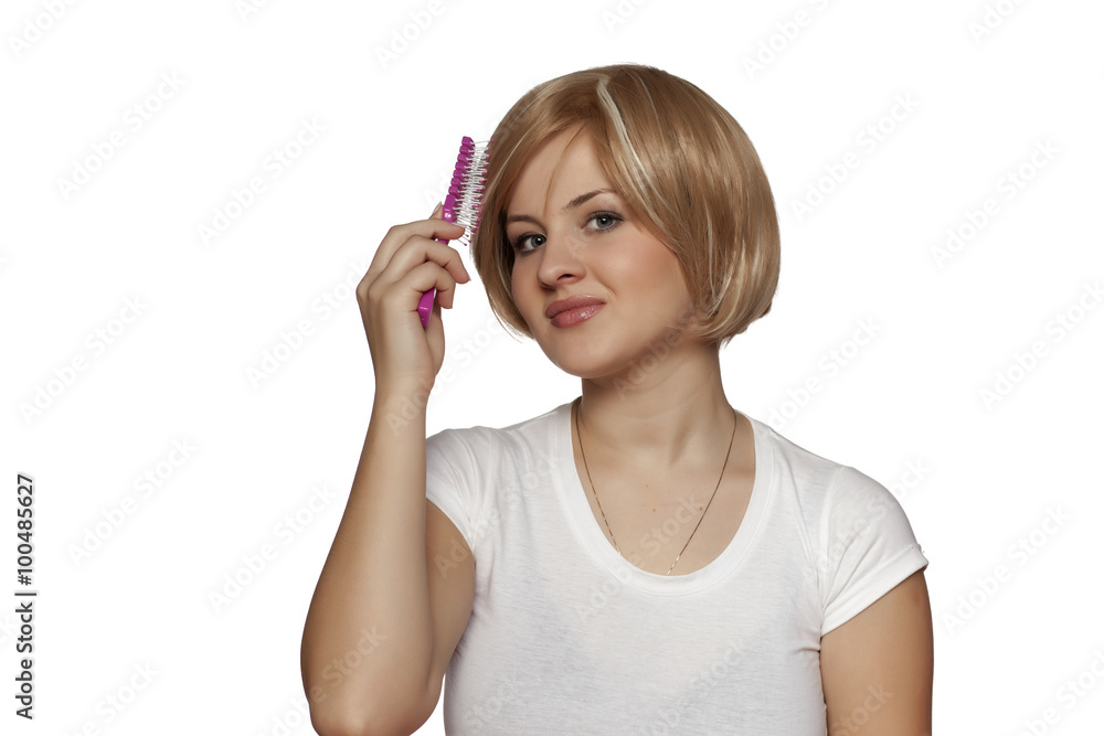 beautiful young woman posing with a short blond wig beautiful young woman posing with a short blond wig