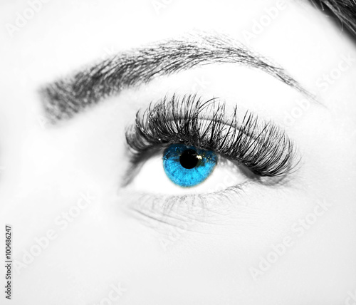 Woman blue eyes with extremely long eyelashes