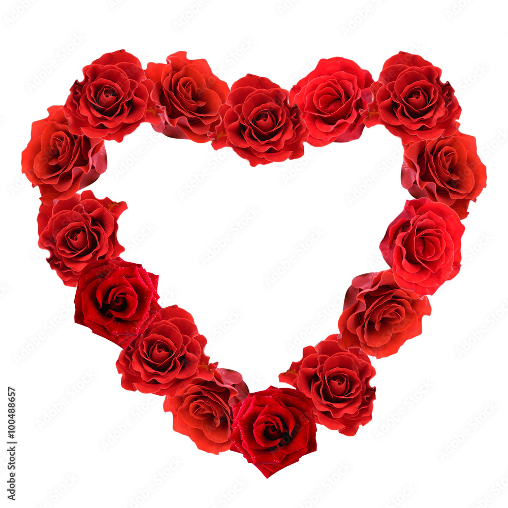 Valentines Day heart made of red roses isolated on white Valentines Day heart made of red roses isolated on white