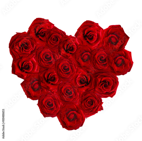 Valentines Day heart made of red roses isolated on white