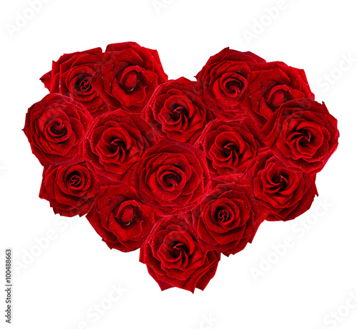 Valentines Day heart made of red roses isolated on white