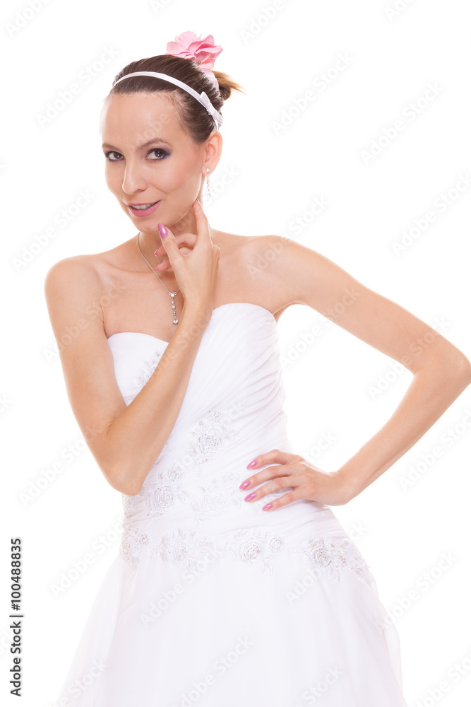 Attractive pretty bride in white wedding dress. Attractive pretty bride in white wedding dress.