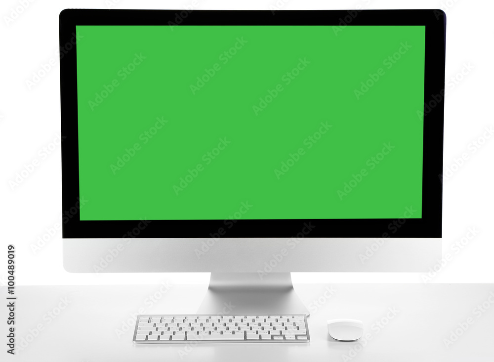 Modern computer with green screen, isolated on white Modern computer with green screen, isolated on white