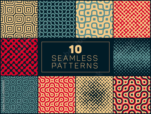 Set of Ten Vector Seamless Wavy Lines Truchet Irregular Halftone Patterns In Red Tan and Navy Colors