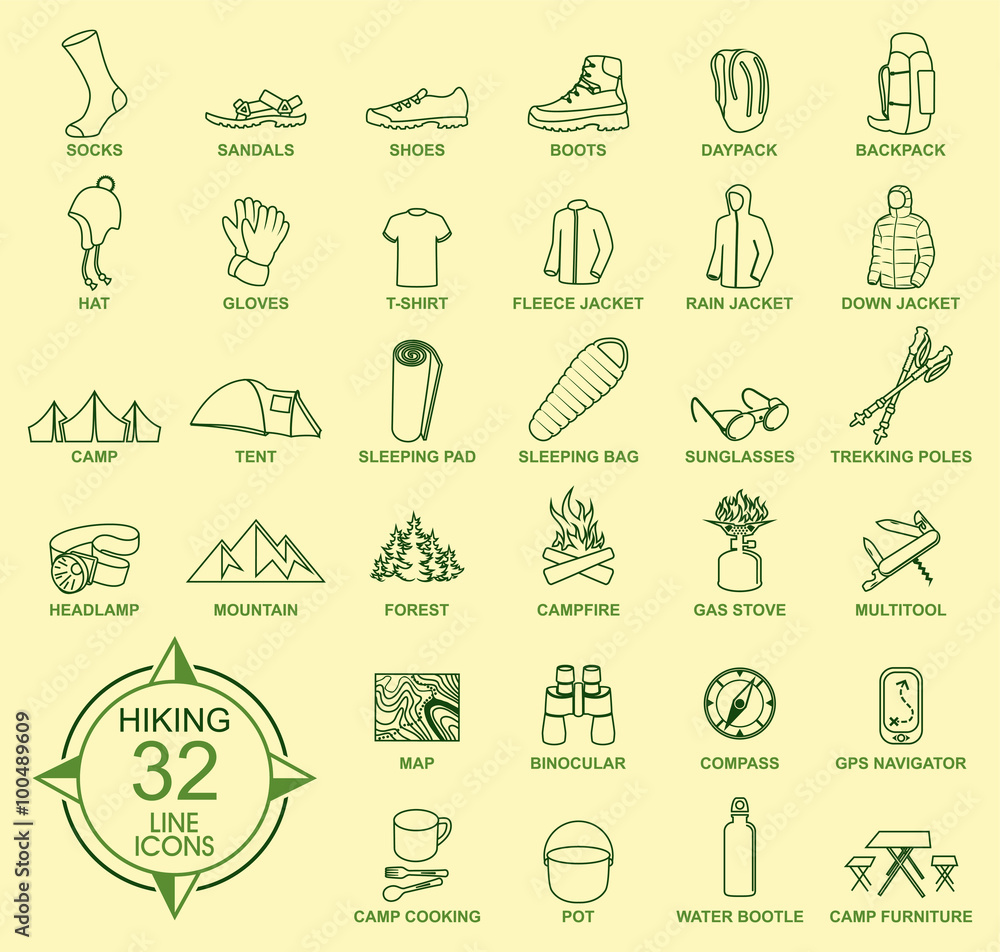 Vector set of Thin line Icons - Hiking camping travel