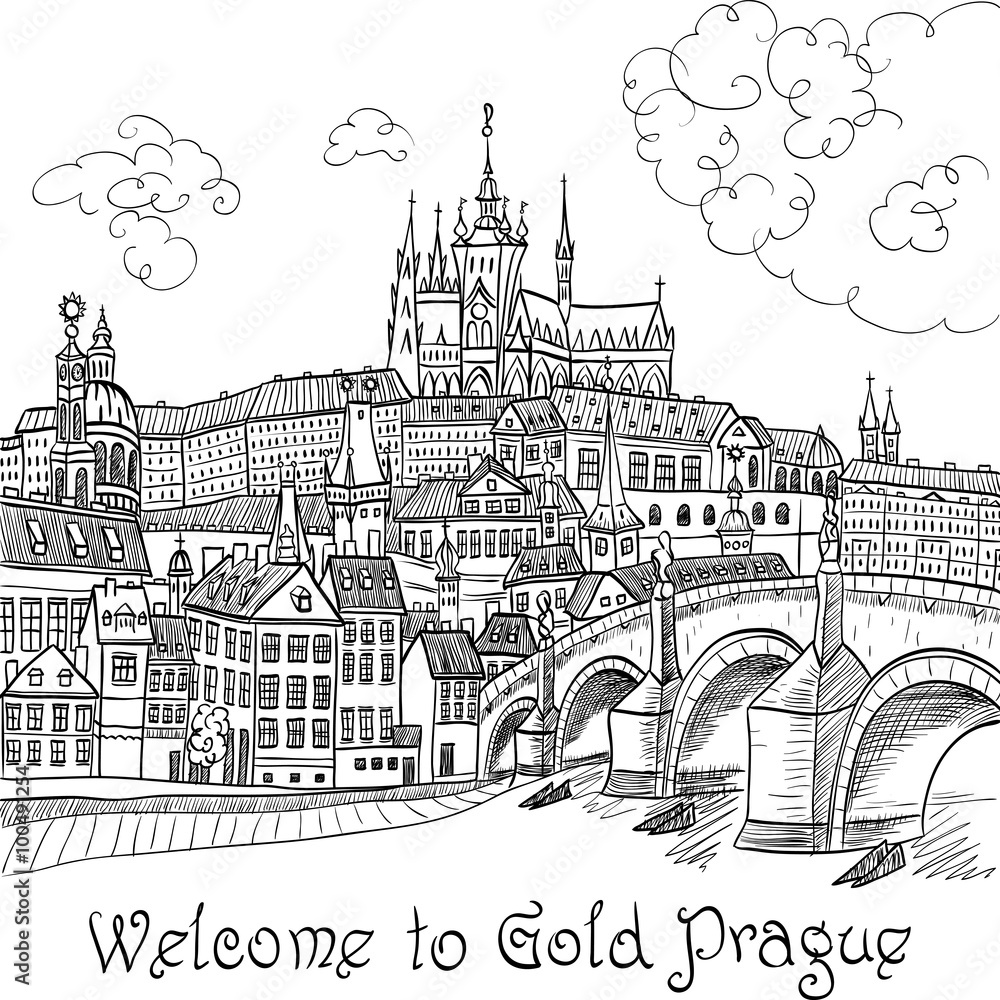 Fototapeta premium Szkic wektor krajobrazu Pragi z Zamkiem Praskim i Mostem Karola