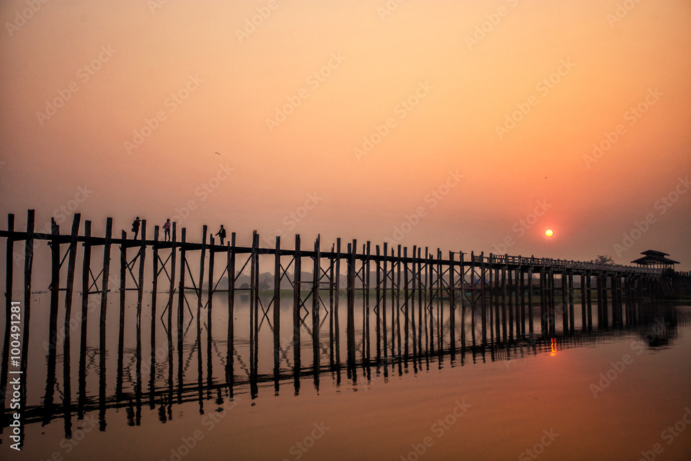 Silhouette of U Bein bridge at sunset