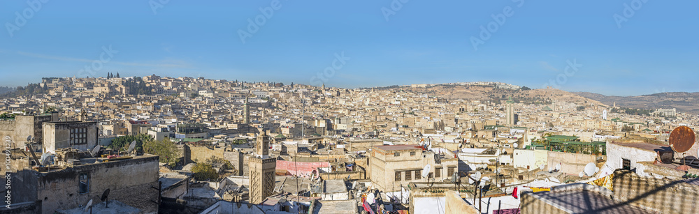 Panoramic view of the rooftops of the Fez medina. Fez, Morocco.