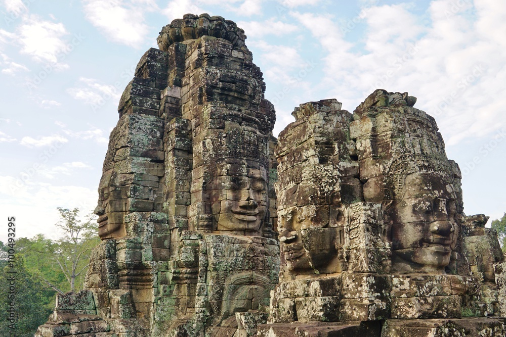 Ruins of the Bayon temple with its giant stone heads near Angkor, Cambodia