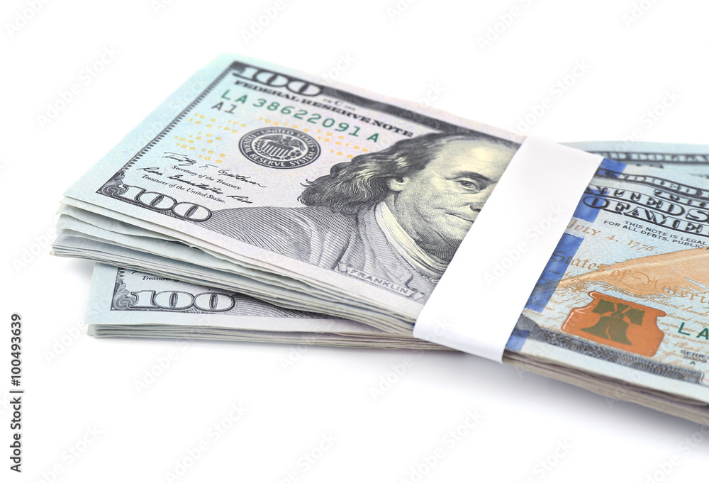 Hundred dollar bills, isolated on white Hundred dollar bills, isolated on white
