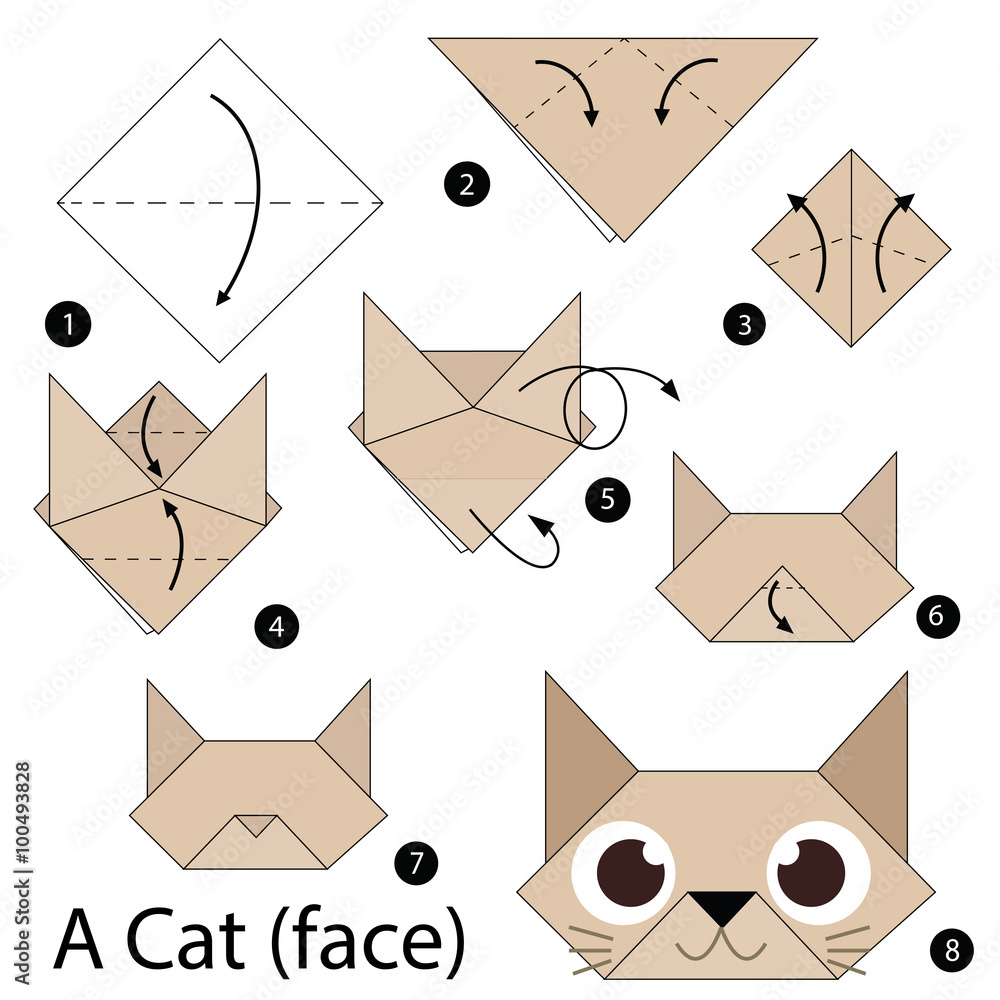 step by step instructions how to make origami A Cat. Stock Vector