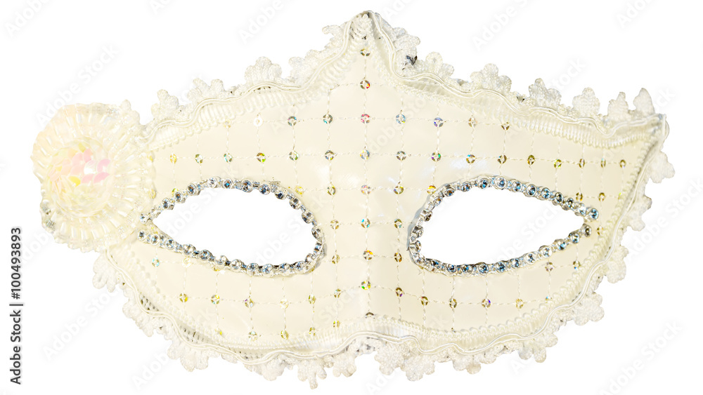 White carnival mask decorations isolated background view close- White carnival mask decorations isolated background view close-
