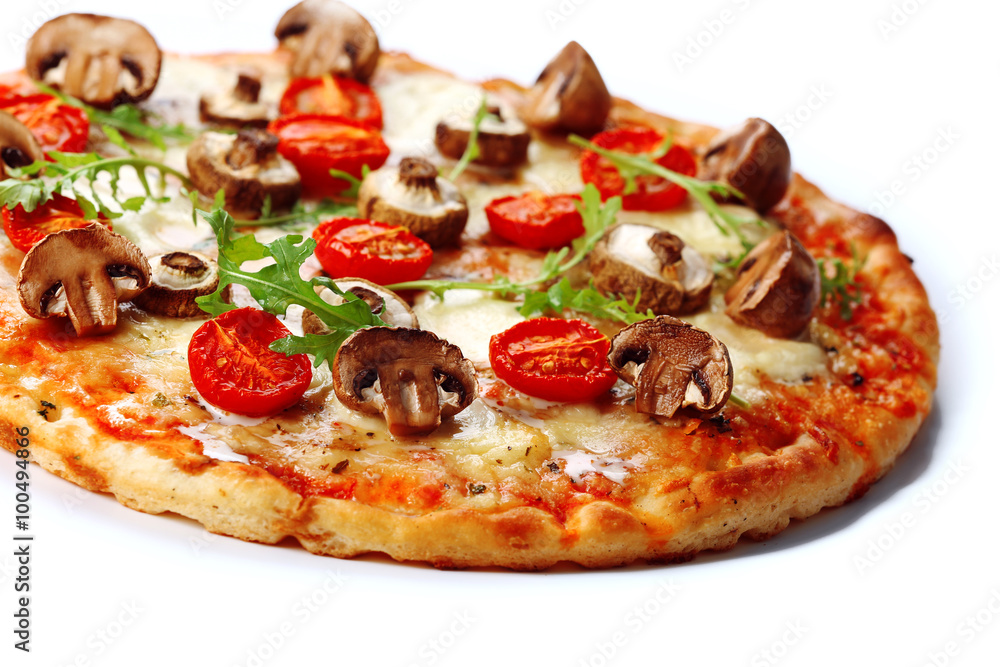Tasty pizza with mushrooms and tomatoes isolated on white background, close up