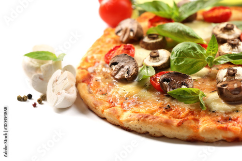 Tasty pizza and vegetables on white background, close up