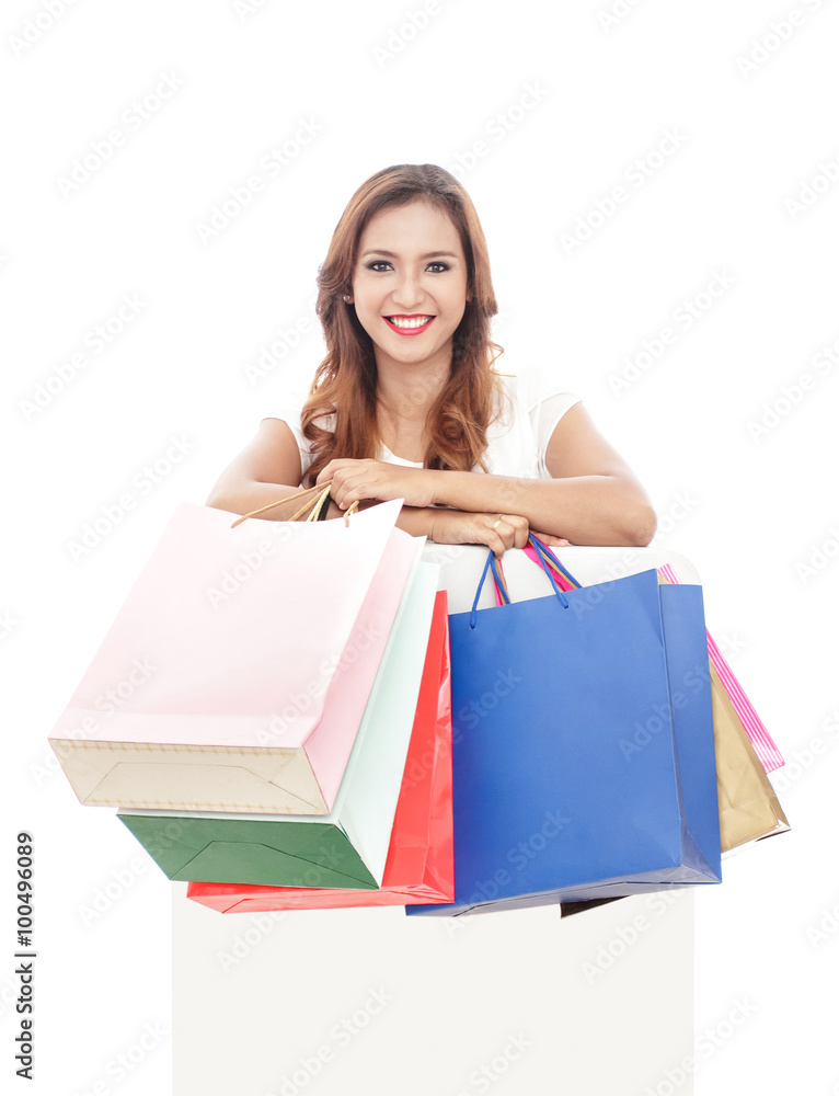 shopping woman carrying shopping bags with white board