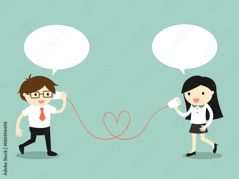 Business concept, Love in office. Businessman and business woman talking via cup telephone. Vector illustration.