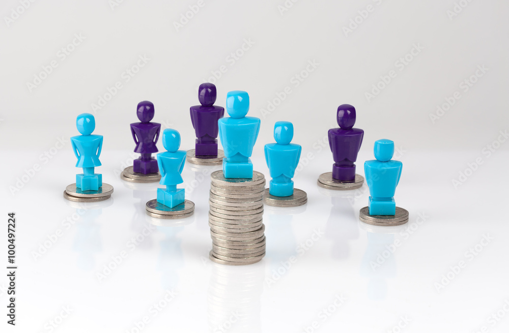 Wage gap, money distribution concept with male and female figuri Wage gap, money distribution concept with male and female figuri