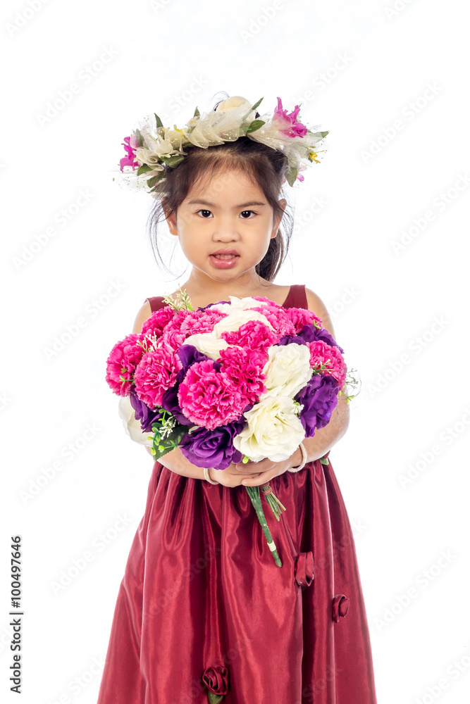 Beautiful little girl in red dress with flowers isolated on white background Beautiful little girl in red dress with flowers isolated on white background