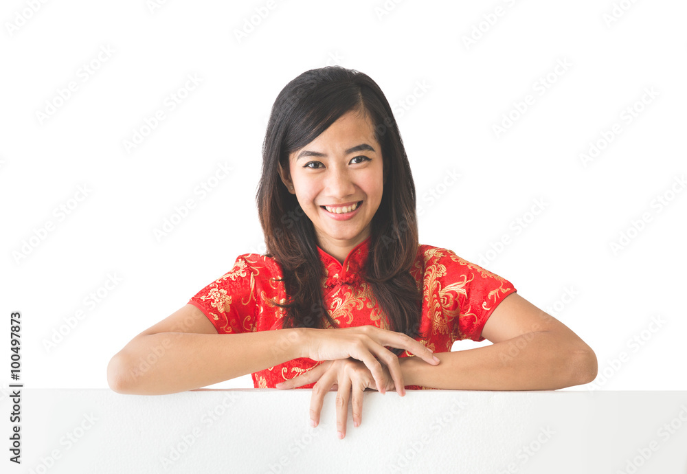 asian woman wearing traditional chinese dress holding blank whit asian woman wearing traditional chinese dress holding blank whit