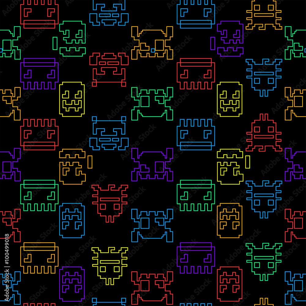 Naklejka premium Computer game graphic seamless pattern on a black background