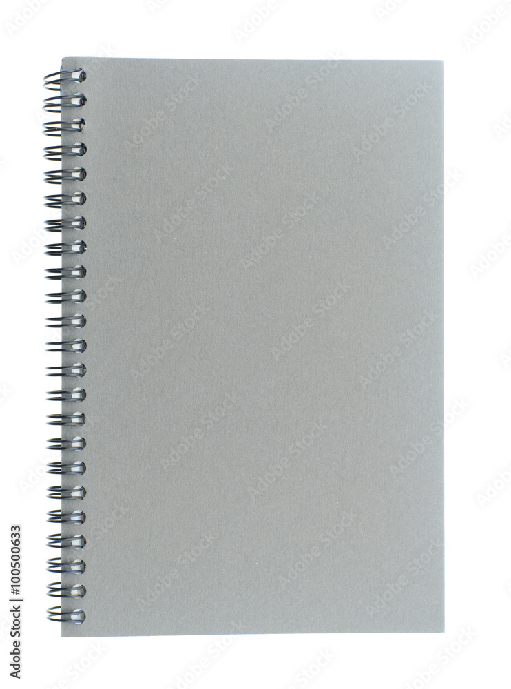 Wire bound or spiral bound sketchbook made from grey board isolated on white background. Wire bound or spiral bound sketchbook made from grey board isolated on white background.