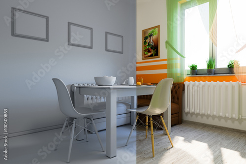 3d illustration of kitchen design in a modern style, a mix of pi