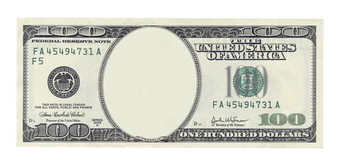 Blank one hundred dollar banknote isolated on white