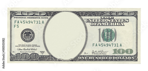 Blank one hundred dollar banknote isolated on white