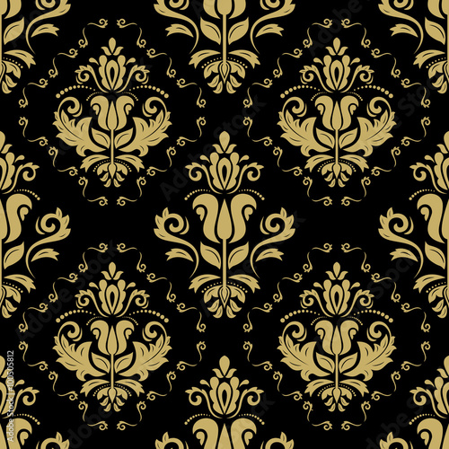 Damask seamless black and yellow ornament. Traditional vector pattern. Classic oriental background