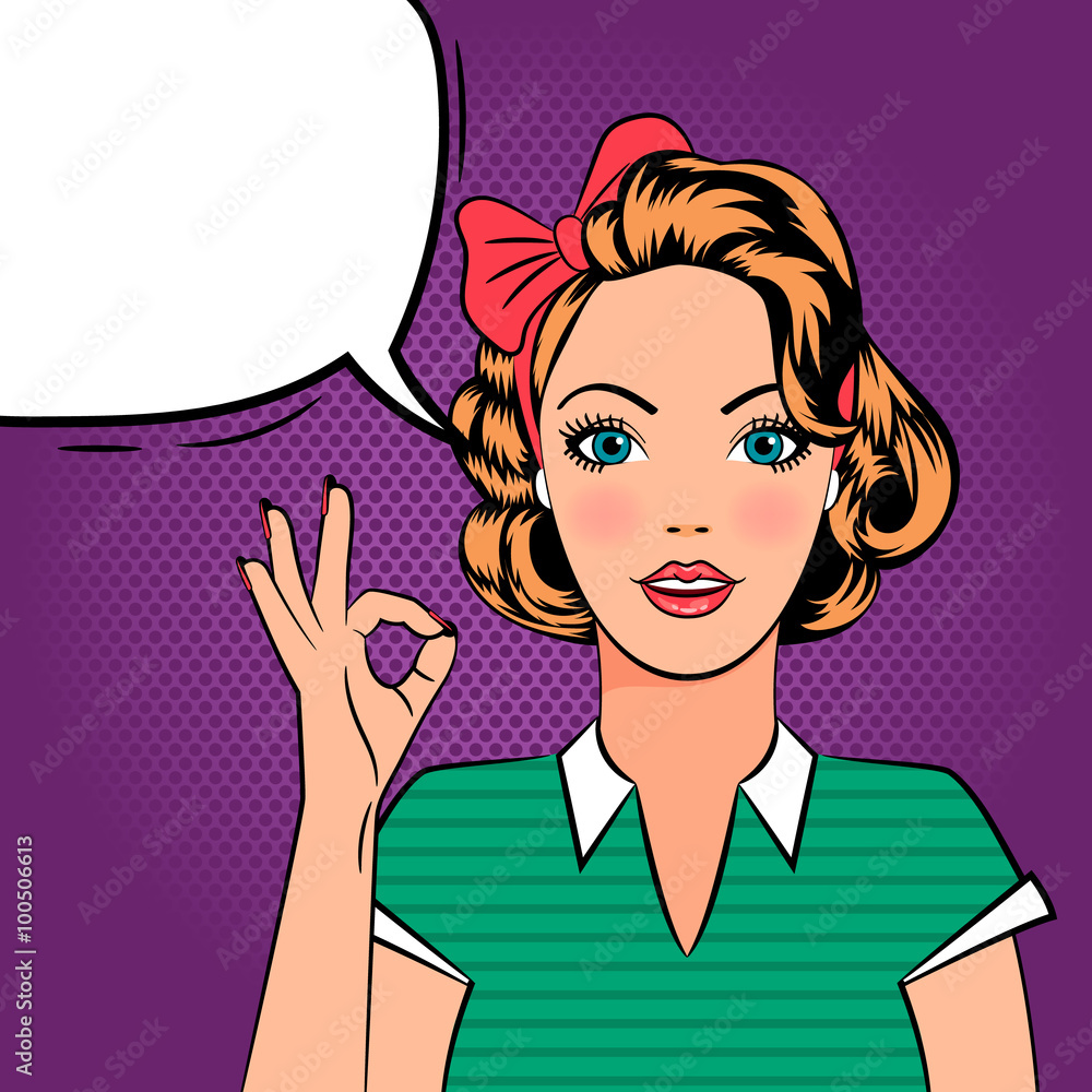 Pop art beautiful girl showing OK sign with speech bubble. Vector illustration Pop art beautiful girl showing OK sign with speech bubble. Vector illustration