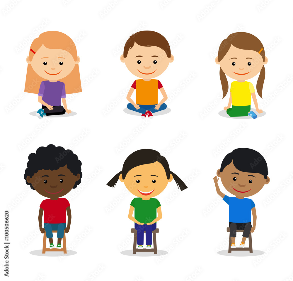 Little kids sitting on the ground and kids sitting on chairs. Vector illustration