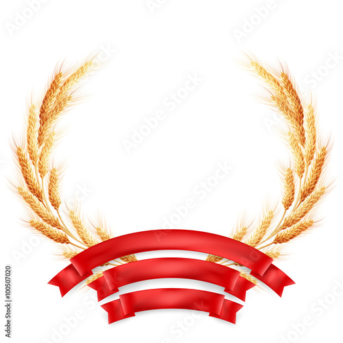 Ripe yellow wheat ears with red ribbon. EPS 10