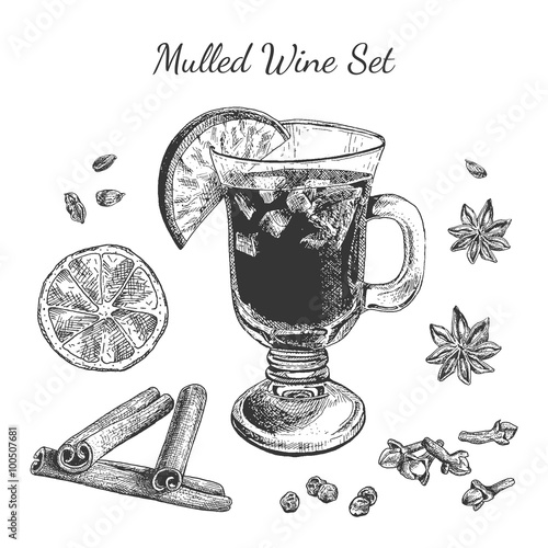 Ink hand drawn mulled wine set