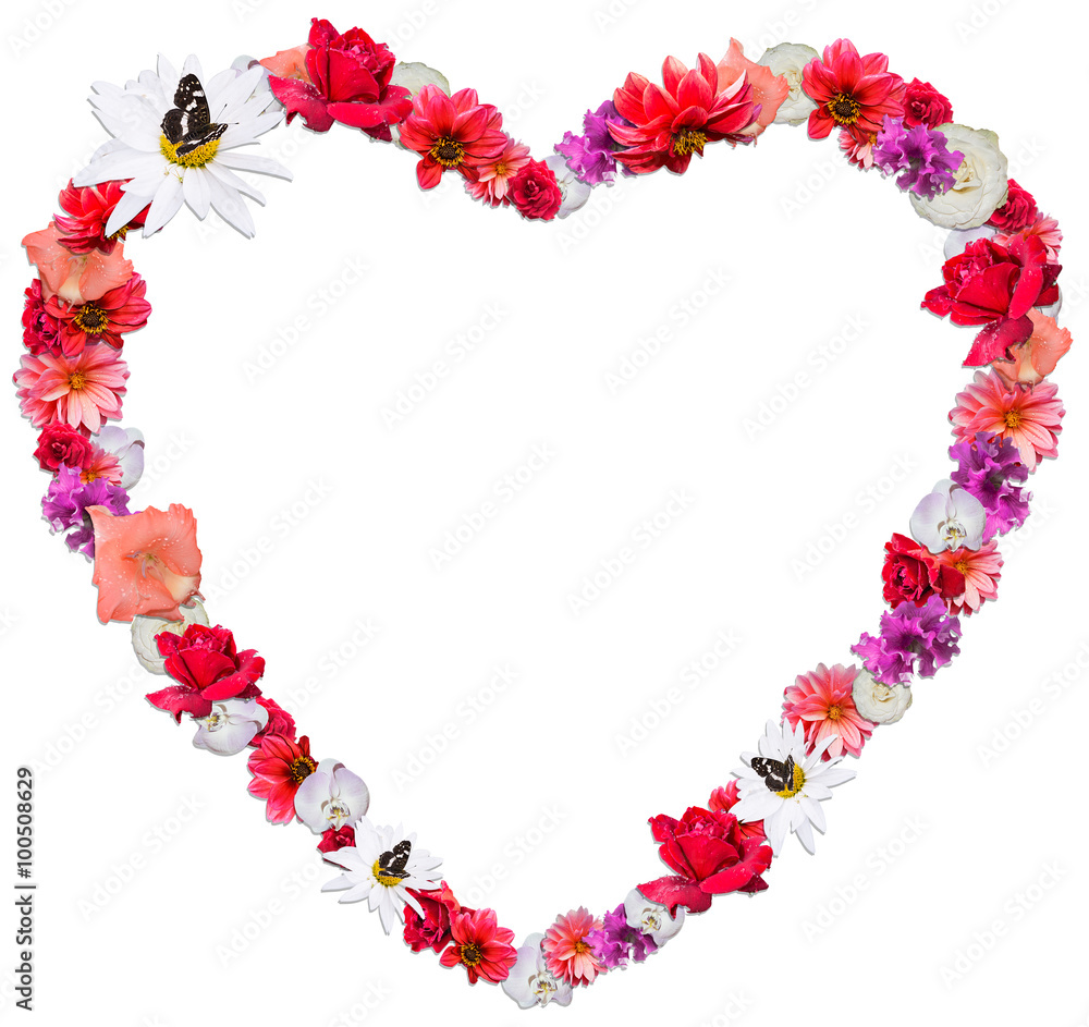 Beautiful heart made of different flowers on white background Beautiful heart made of different flowers on white background