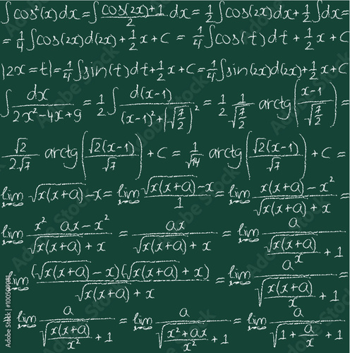 Hand drawn mathematical vector seamless pattern with trigonometrical formulas and integrals. Chalk on a blackboard.
