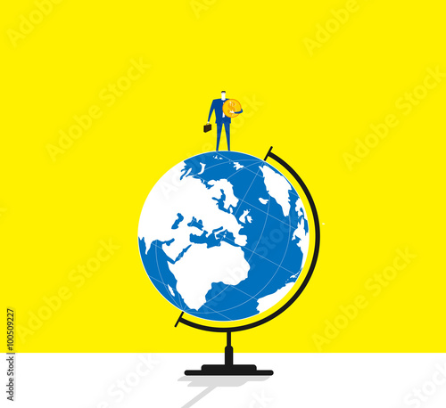 Standing on the Earth / A businessman holding money stands on a globe.