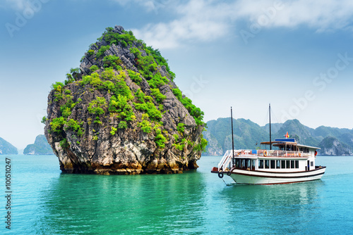 Bild auf Leinwand Beautiful view of karst isle and tourist boat in the Ha Long Bay