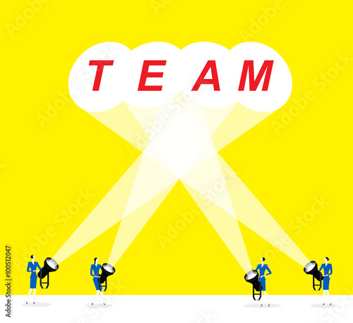 Business team /There are four business woman,each one hold a light,the light send out a TEAM together. 