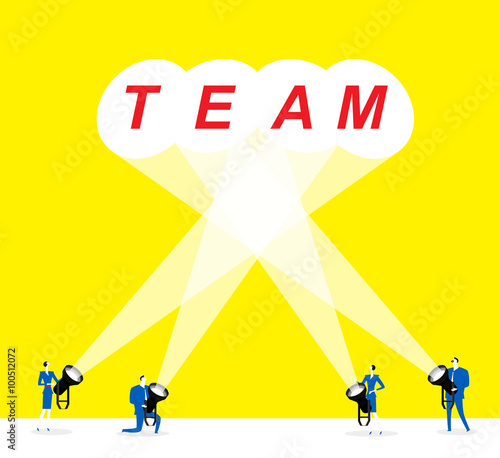 Business team / There are four business people,each one hold a light,the light send out a TEAM together. 